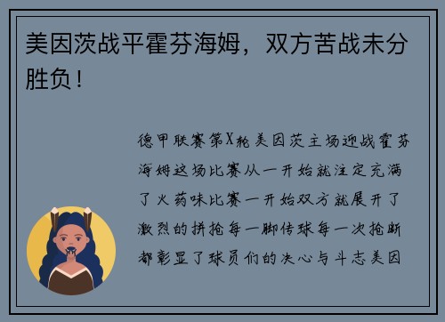 美因茨战平霍芬海姆，双方苦战未分胜负！